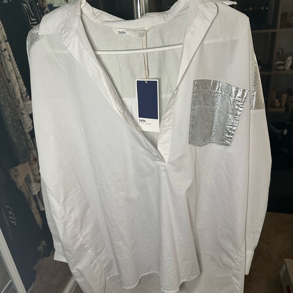Zara white long-sleeve button up with metallic silver trim.